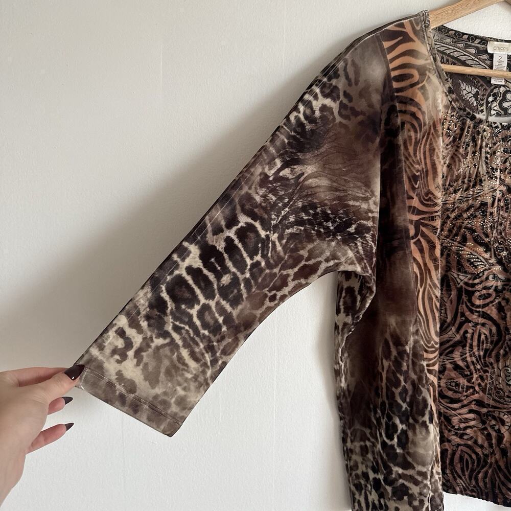 CHICO’S Burnout Velvet Brown Embellished Tunic Blouse Top Stretch Fall Size 2 L - Picture 2 of 9